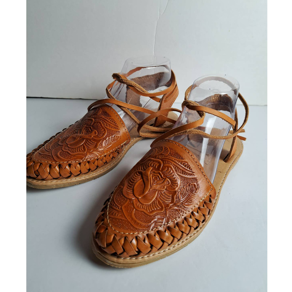 Artesanias Guanajuato Tooled Leather Sandles 9 Lace Up Brown Western Equestrian